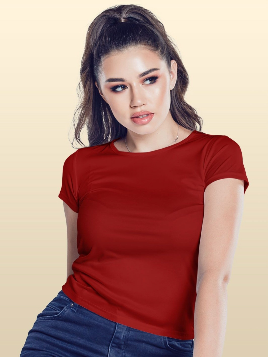 

macmerise Women Biker Printed V-Neck Applique T-shirt, Red