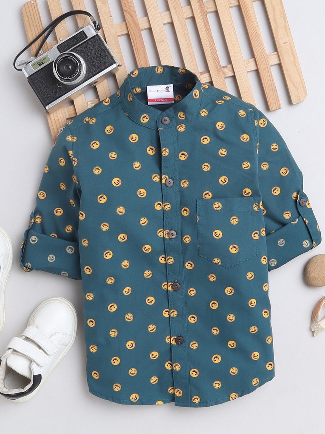 

BAATCHEET Boys Band Collar Geometric Printed Cotton Casual Shirt, Blue