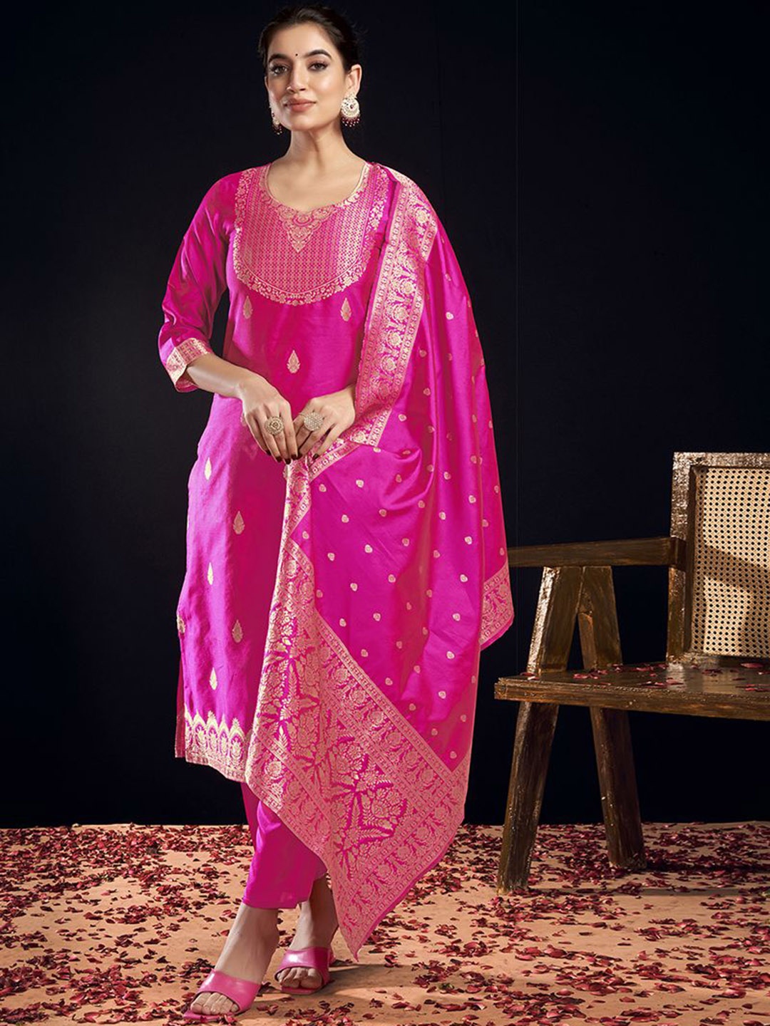 

KALINI Ethnic Motifs Woven Design Straight Kurta With Trousers & Dupatta, Pink