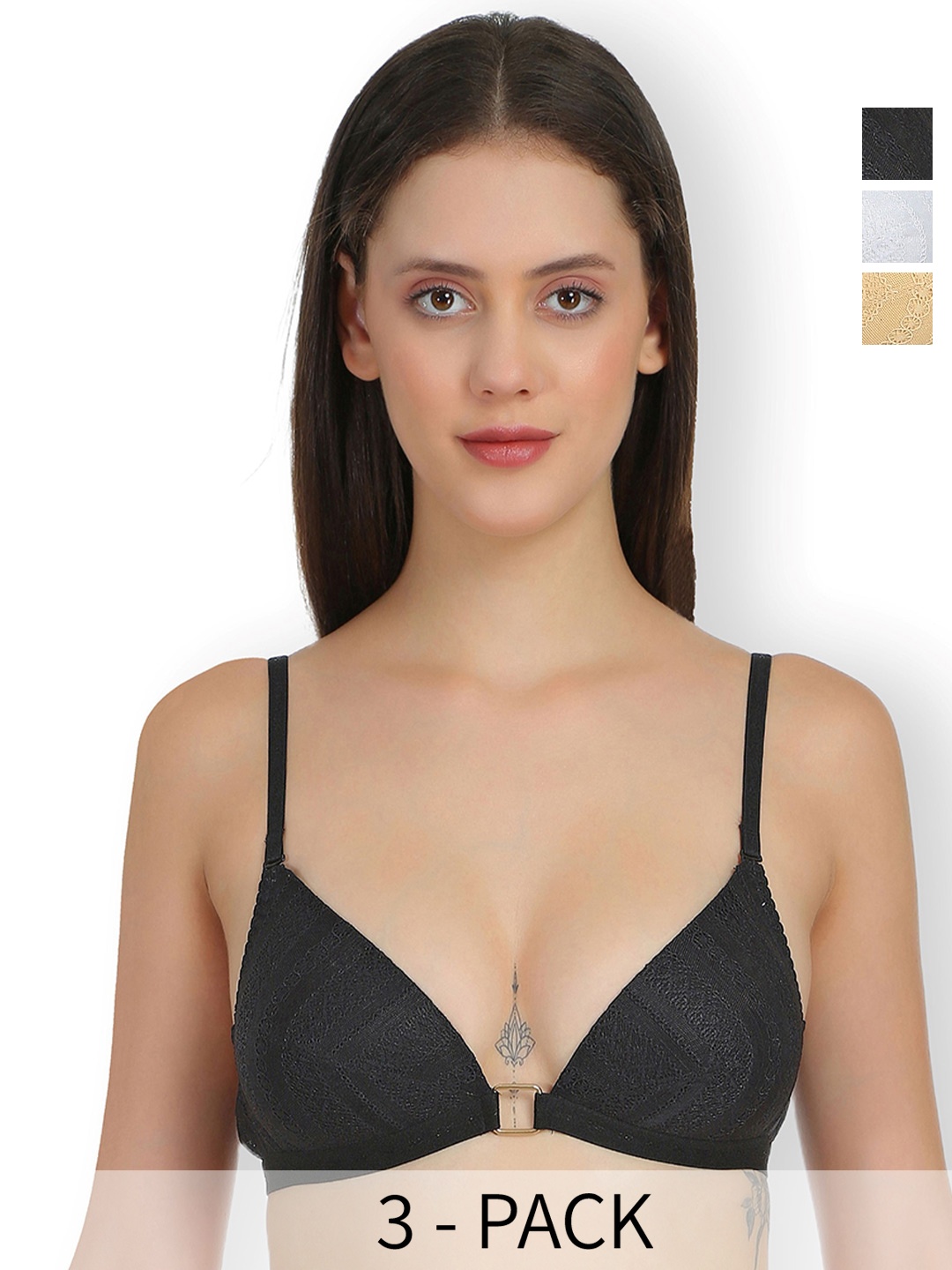 

SELFCARE Women Pack Of 3 Net Half Coverage Lightly Padded Bra, Black