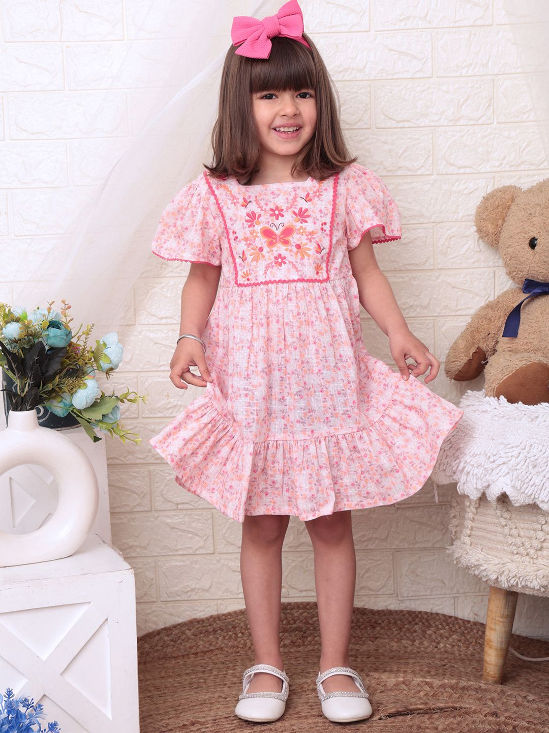 

Nauti Nati Floral Printed Flutter Sleeve Fit & Flare Dress, Pink