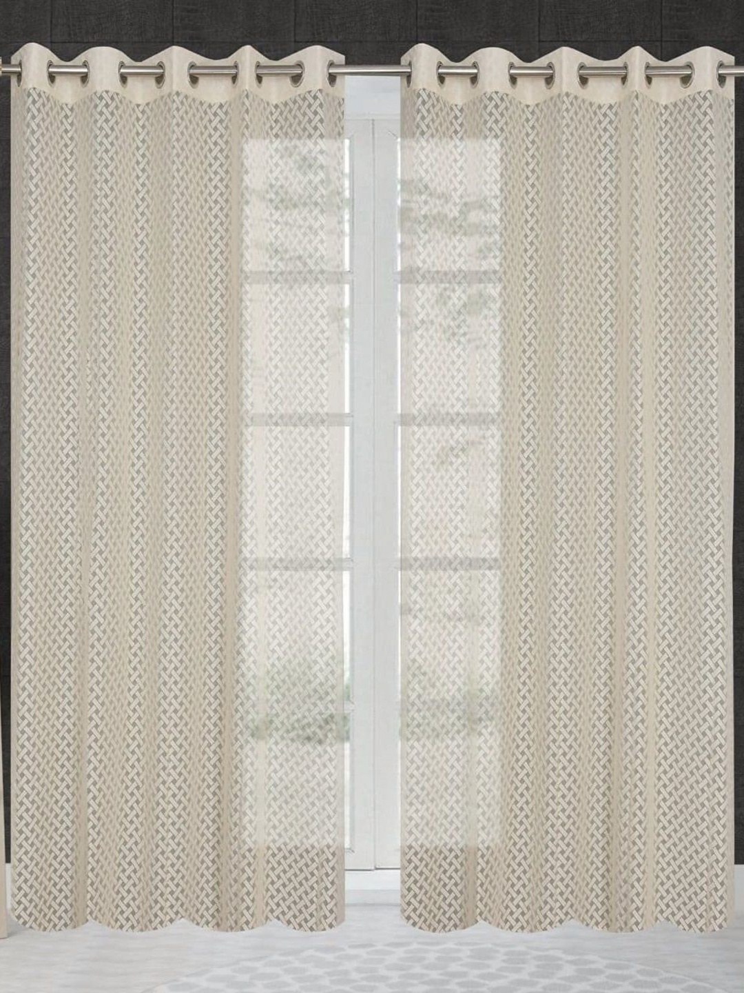 

JARS Collections Cream 2 Pieces Geometric Net Semi Sheer Door Curtains