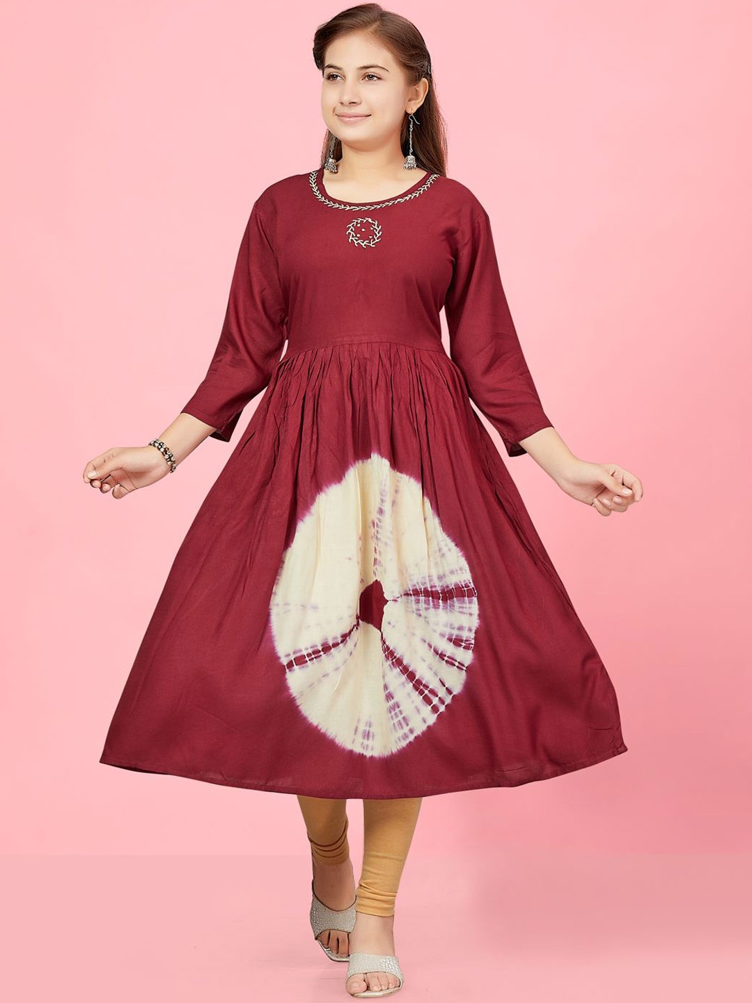 

BAESD Girls Abstract Printed Round Neck Anarkali Kurta, Maroon