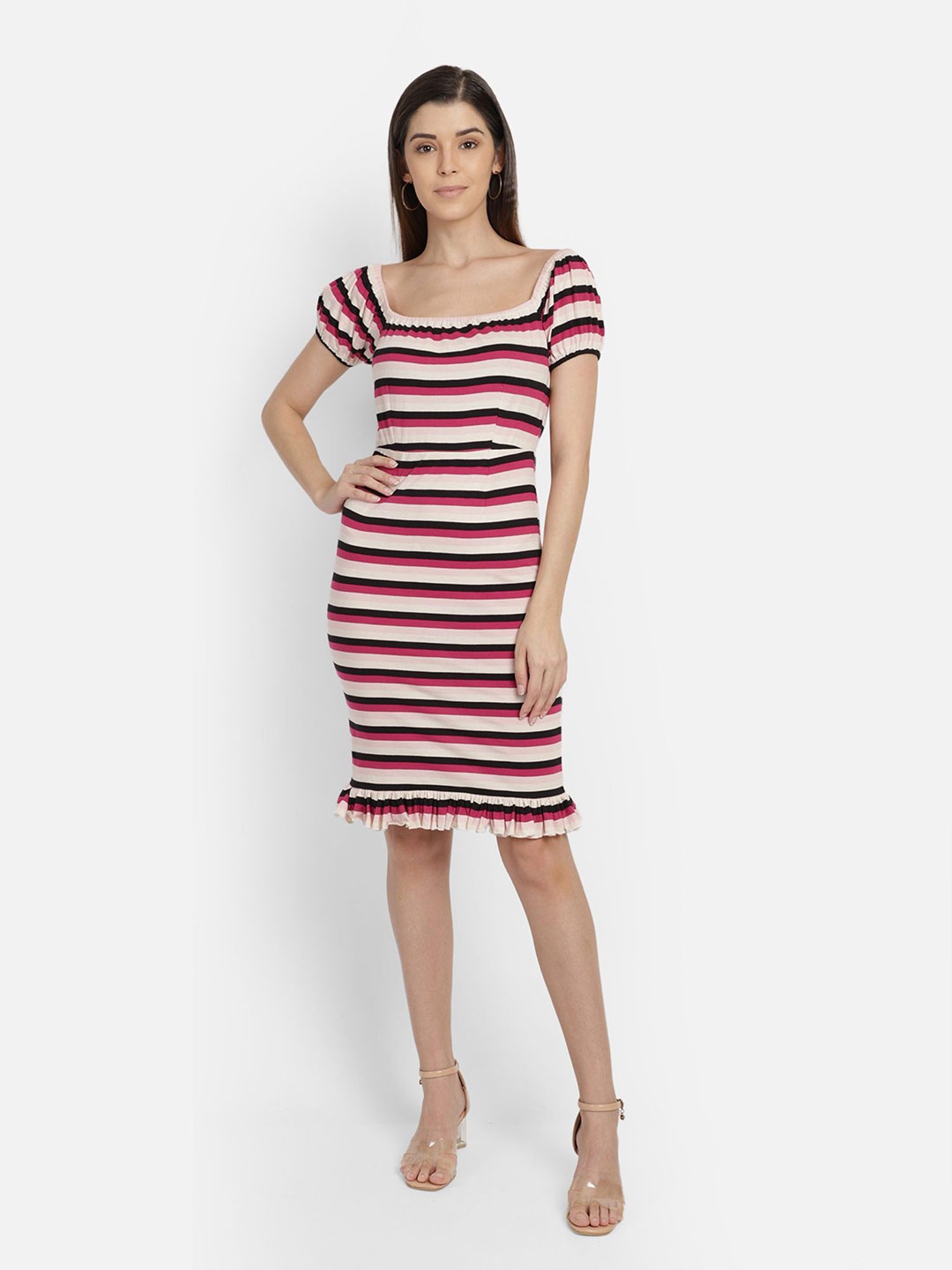 

Yaadleen Striped Square Neck Short Sleeves Cotton Sheath Dress, Purple