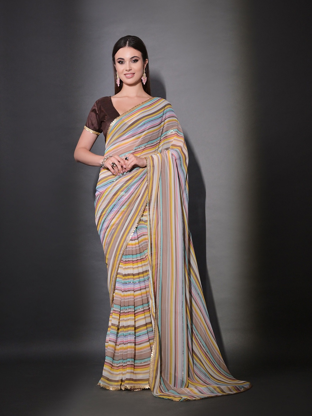 

QVAZOR Sequinned Pure Georgette Leheriya Saree, Brown