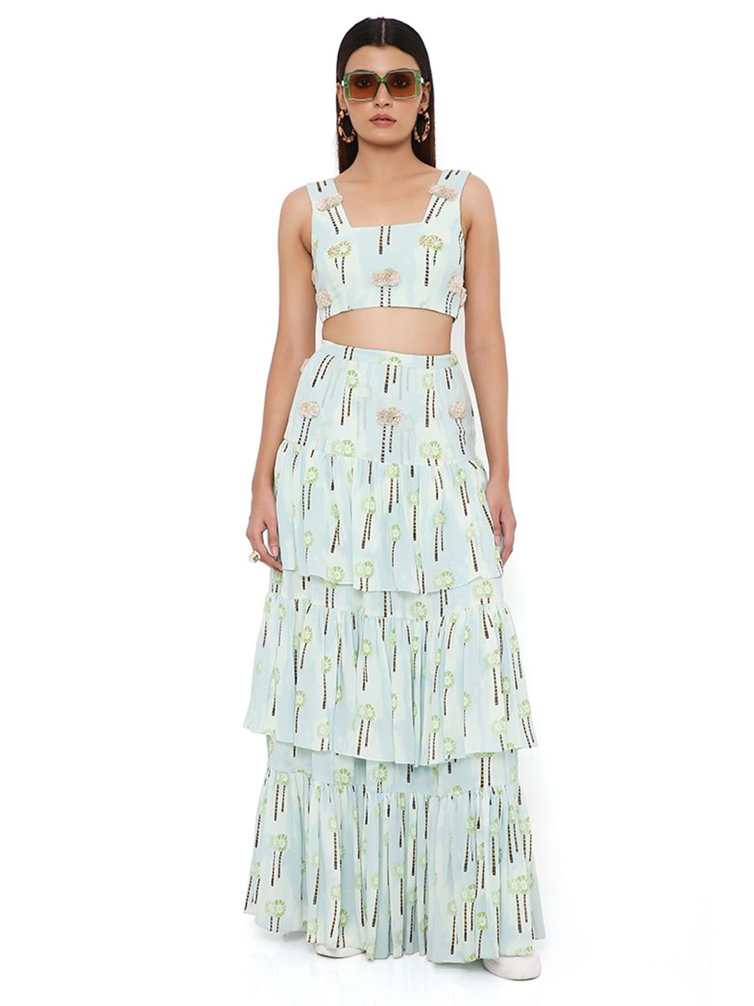 

Payal Singhal Embroidered Georgette Crop Top With Bask Frill Skirt, Blue