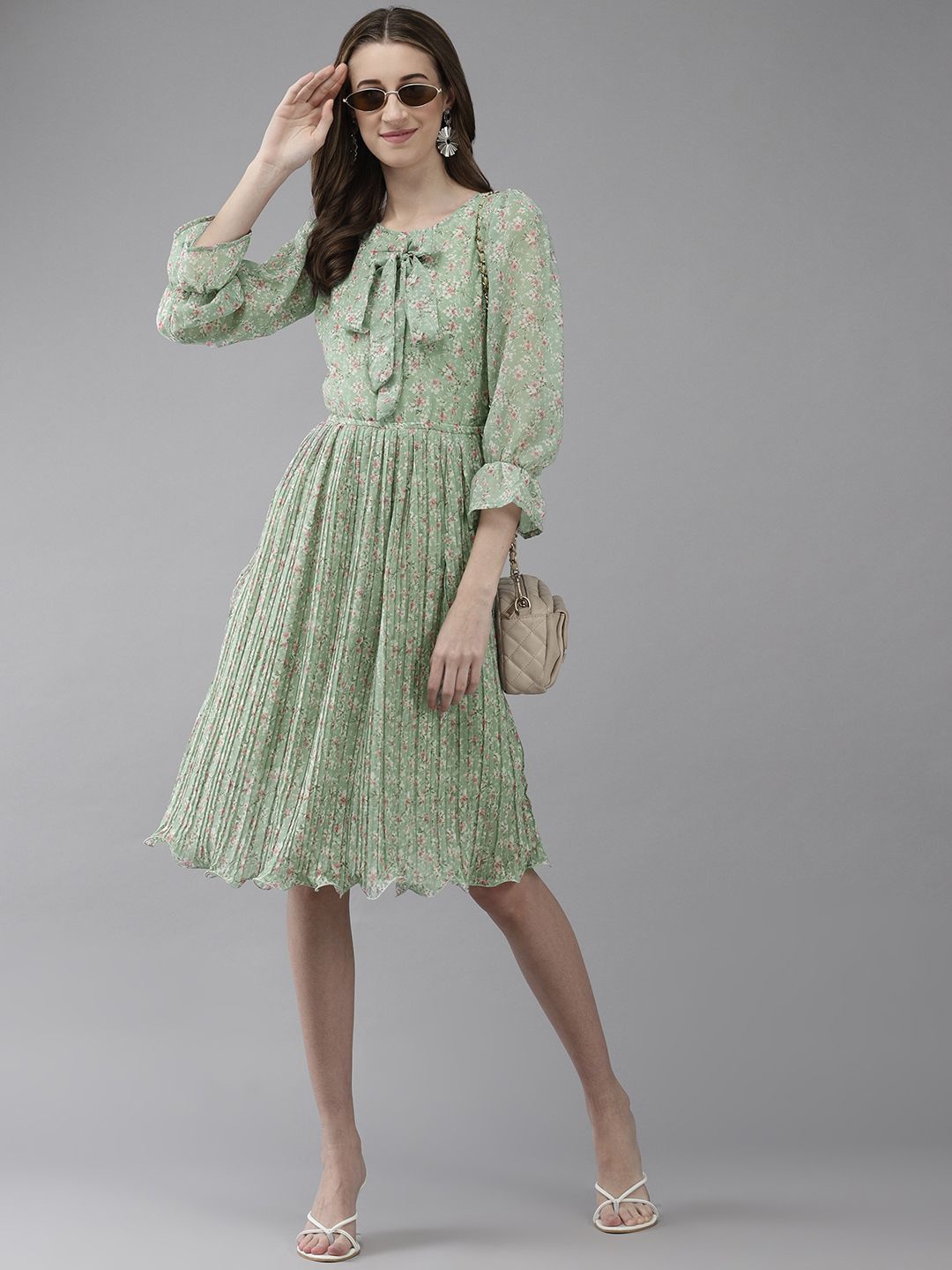 

BAESD Floral Printed Puff Sleeve Bow Detail Georgette Fit & Flare Dress, Green