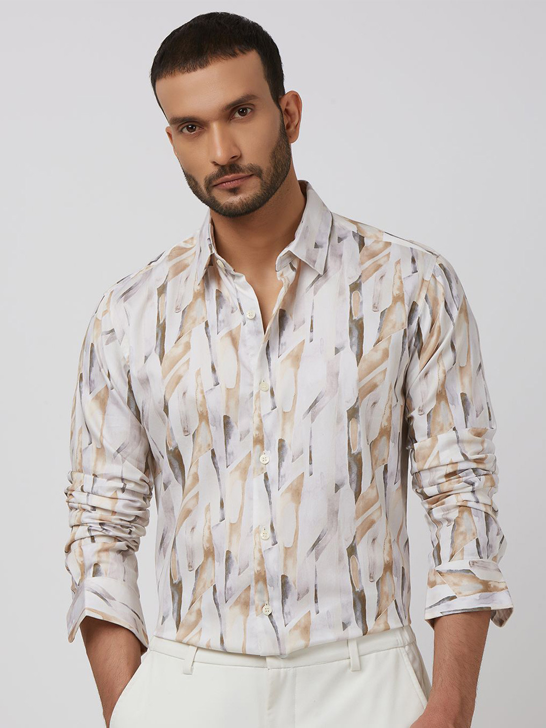 

Mufti Men Spread Collar Abstract Printed Cotton Slim Fit Casual Shirt, Beige