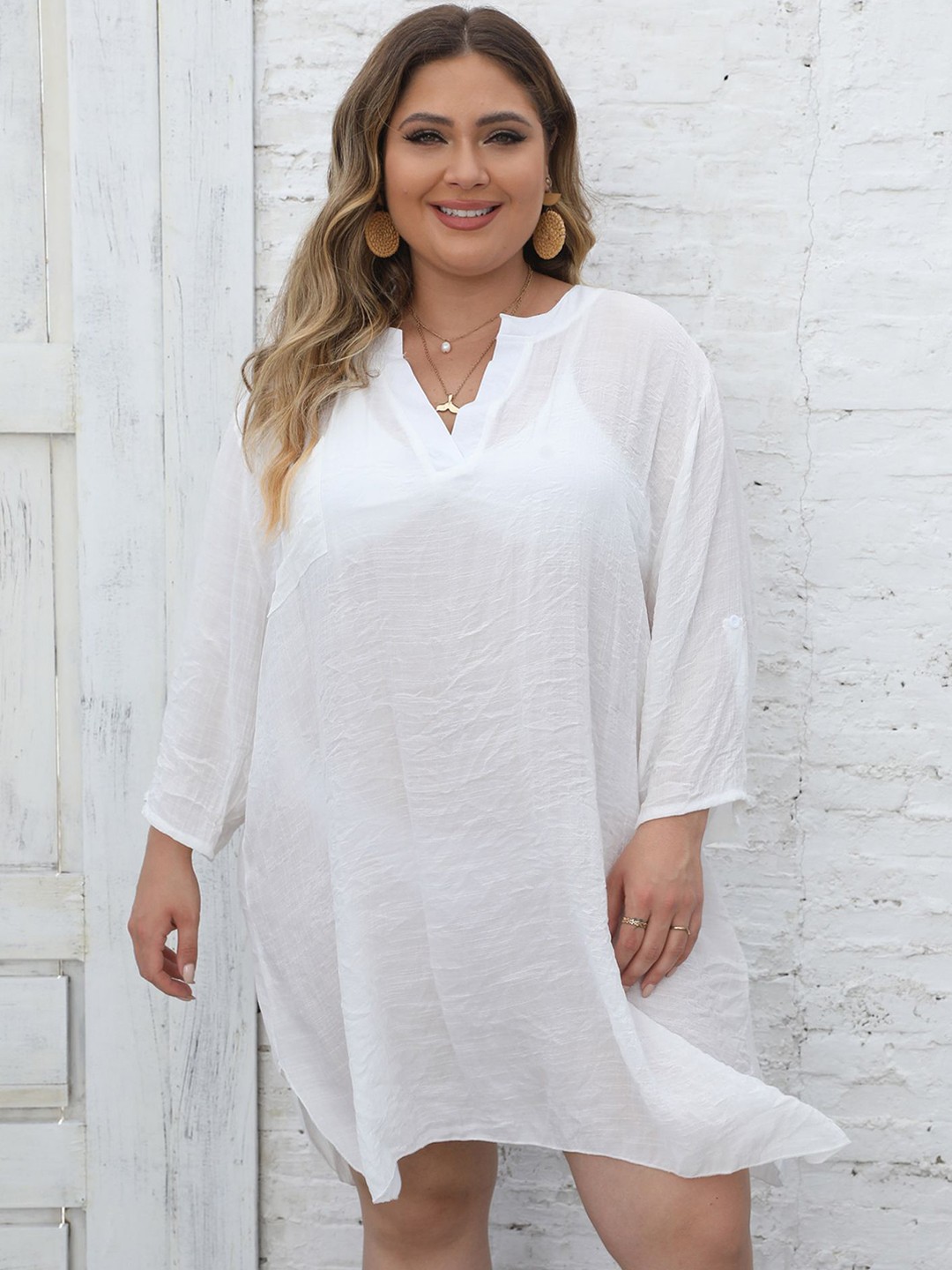 

LULU & SKY Self Design Swimwear Cover Up Top, White