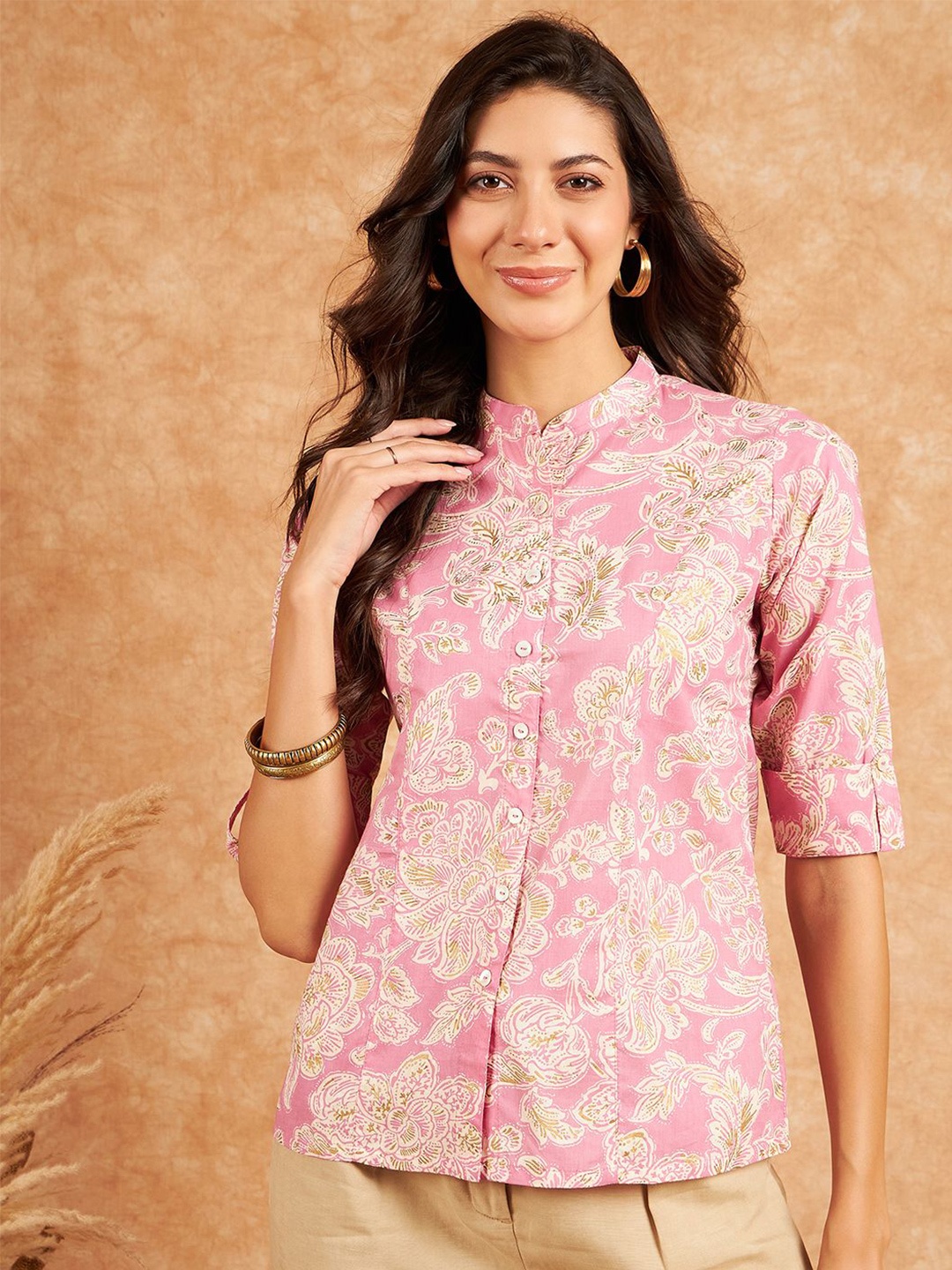 

Modeve Floral Printed Mandarin Collar Cotton Shirt Style Top, Pink