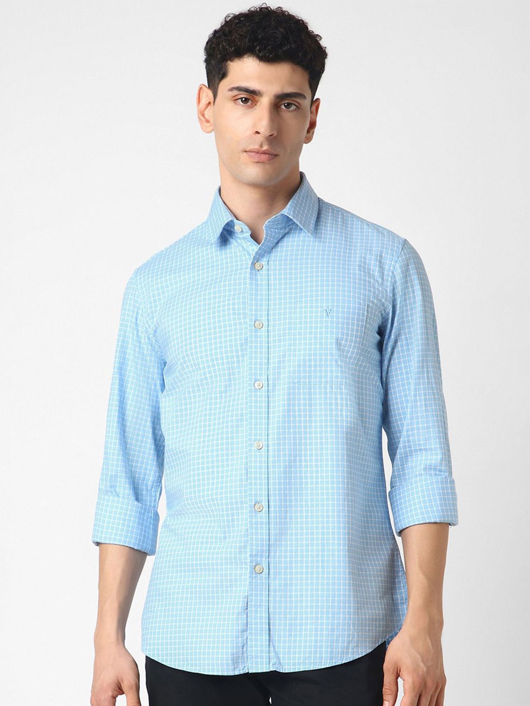 

Van Heusen Sport Men Spread Collar Micro Checked Cotton Slim Fit Casual Shirt, Blue