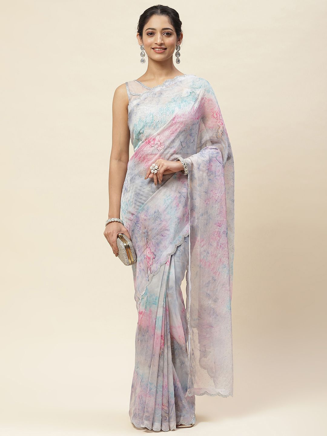 

Meena Bazaar Tie and Dye Beads and Stones Organza Saree, Grey