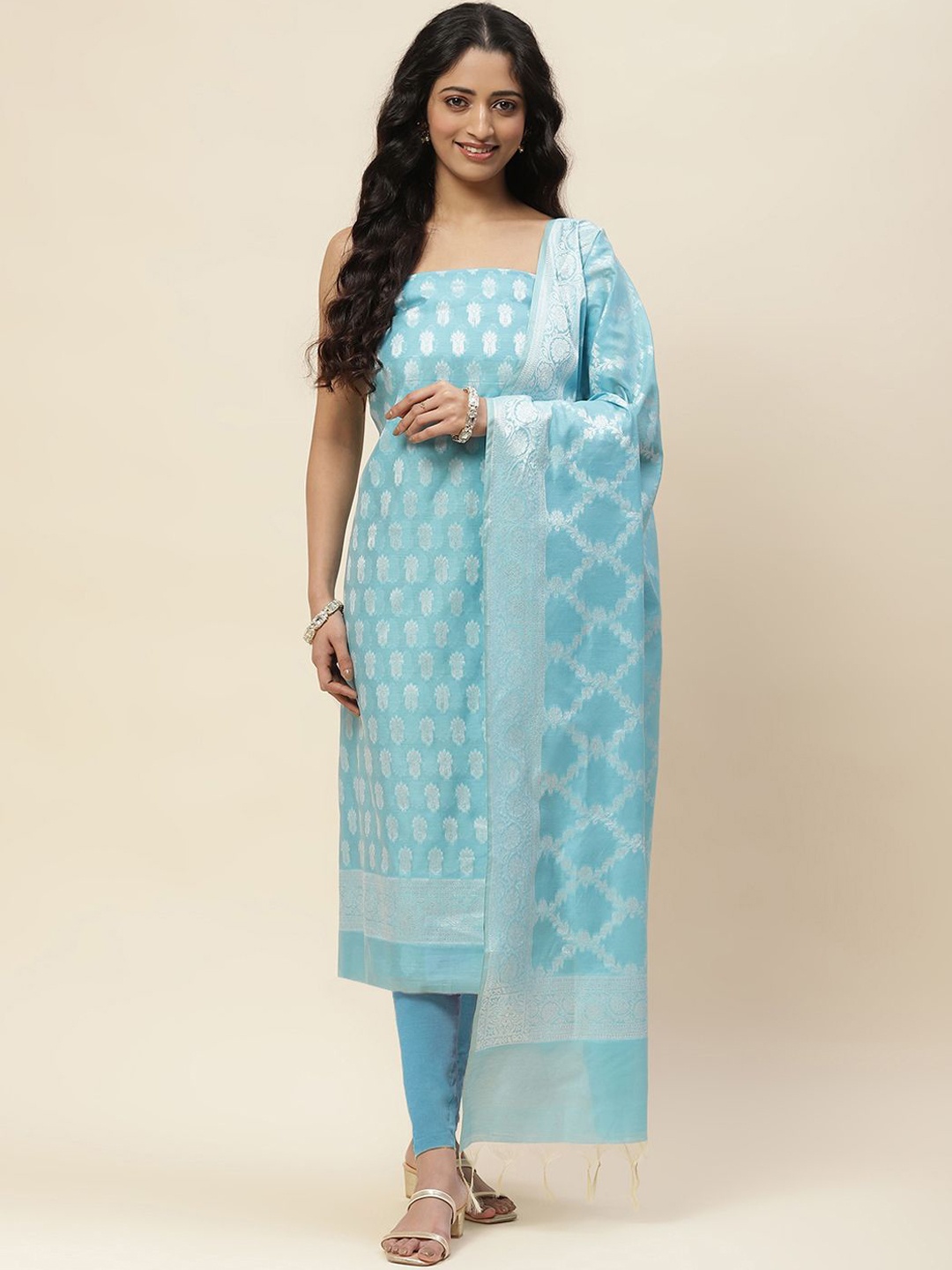 

Meena Bazaar Ethnic motifs woven design Zari Unstitched Dress Material, Blue