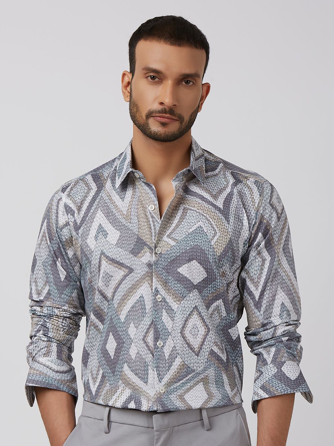 

Mufti Men Spread Collar Graphic Printed Cotton Slim Fit Casual Shirt, Grey