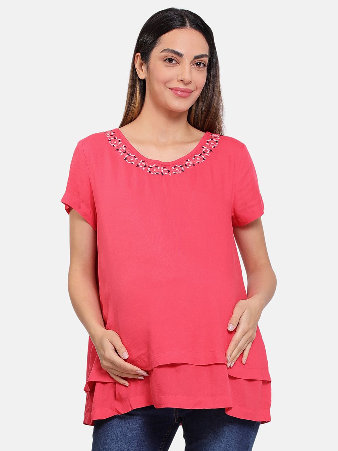 

MINI KLUB Women Embroidered Detail Layered Woven Maternity Top, Pink