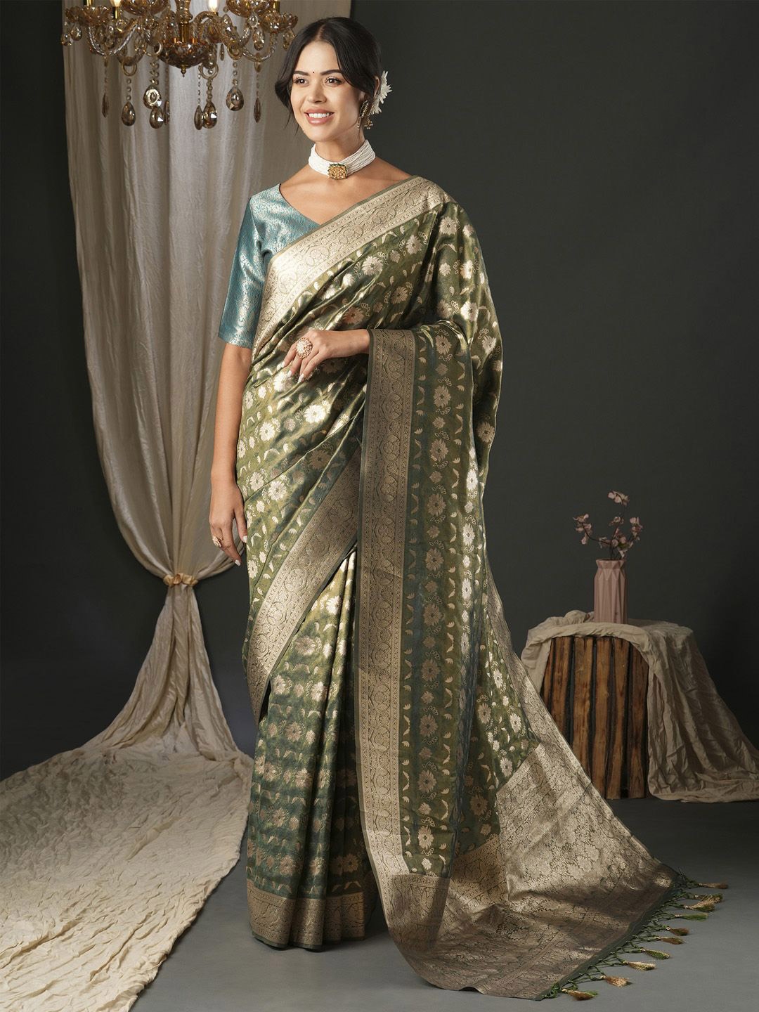 

Anouk Woven Design Zari Organza Banarasi Saree, Olive