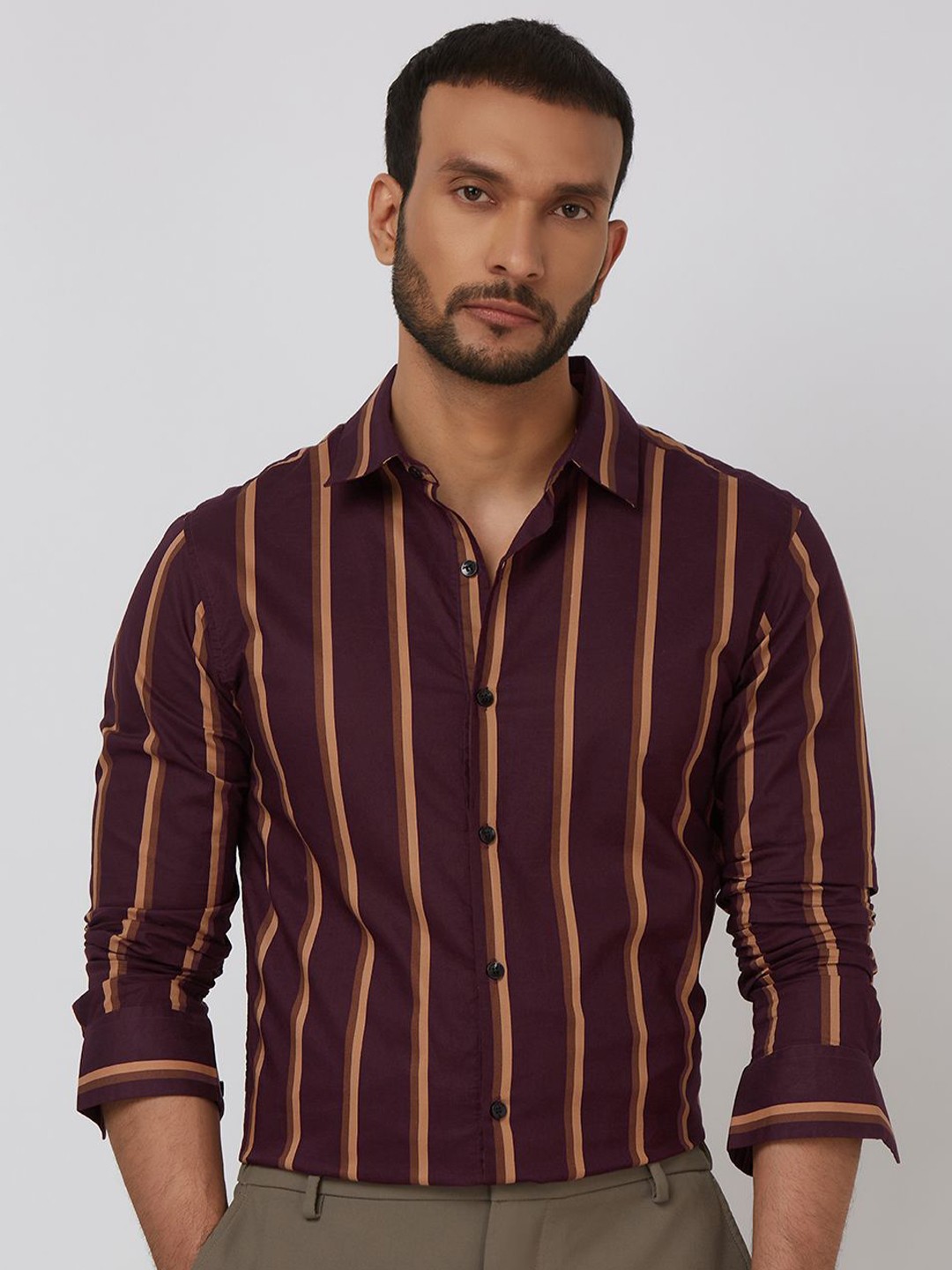 

Mufti Men Spread Collar Striped Cotton Slim Fit Casual Shirt, Maroon