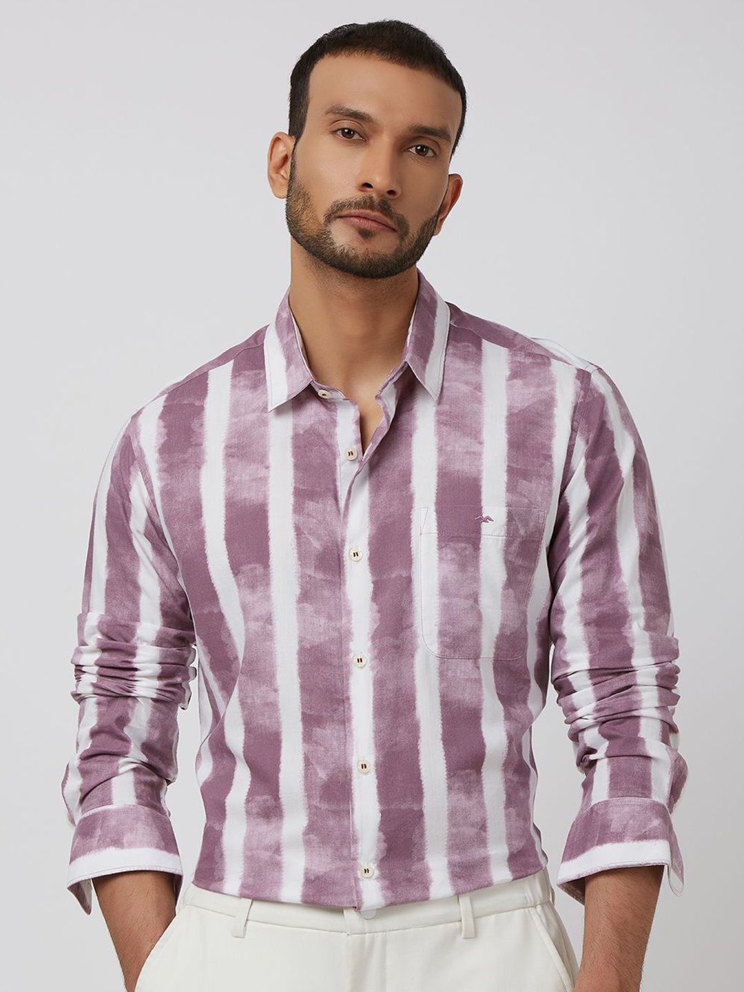 

Mufti Men Spread Collar Striped Cotton Slim Fit Casual Shirt, Purple