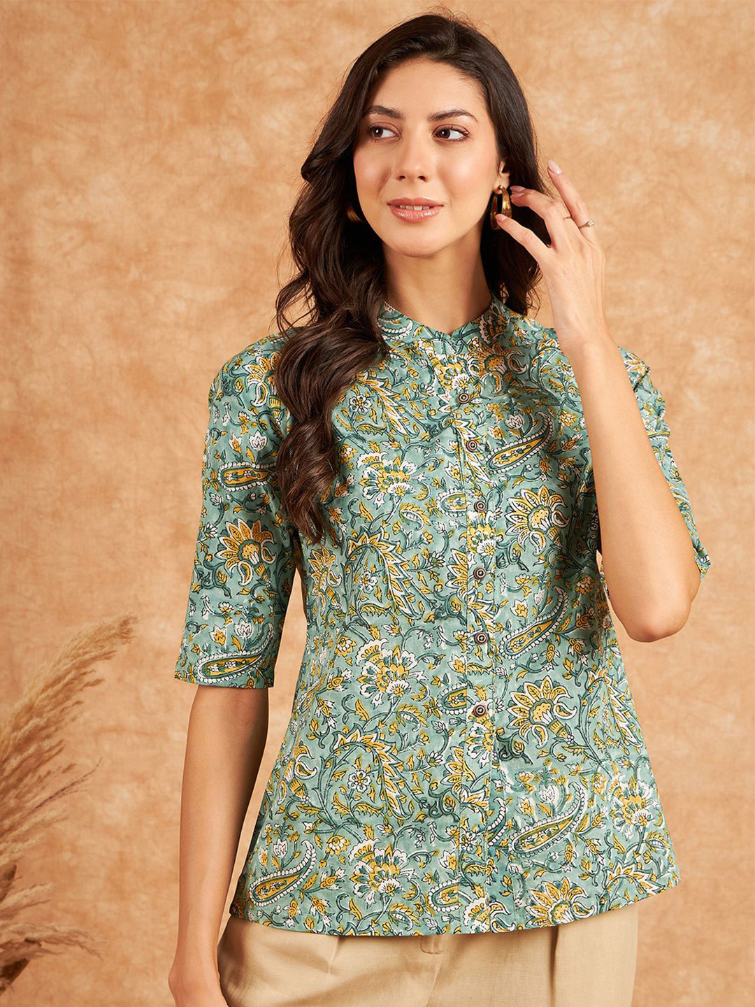 

Modeve Ethnic Motifs Printed Mandarin Collar Cotton Shirt Style Top, Green