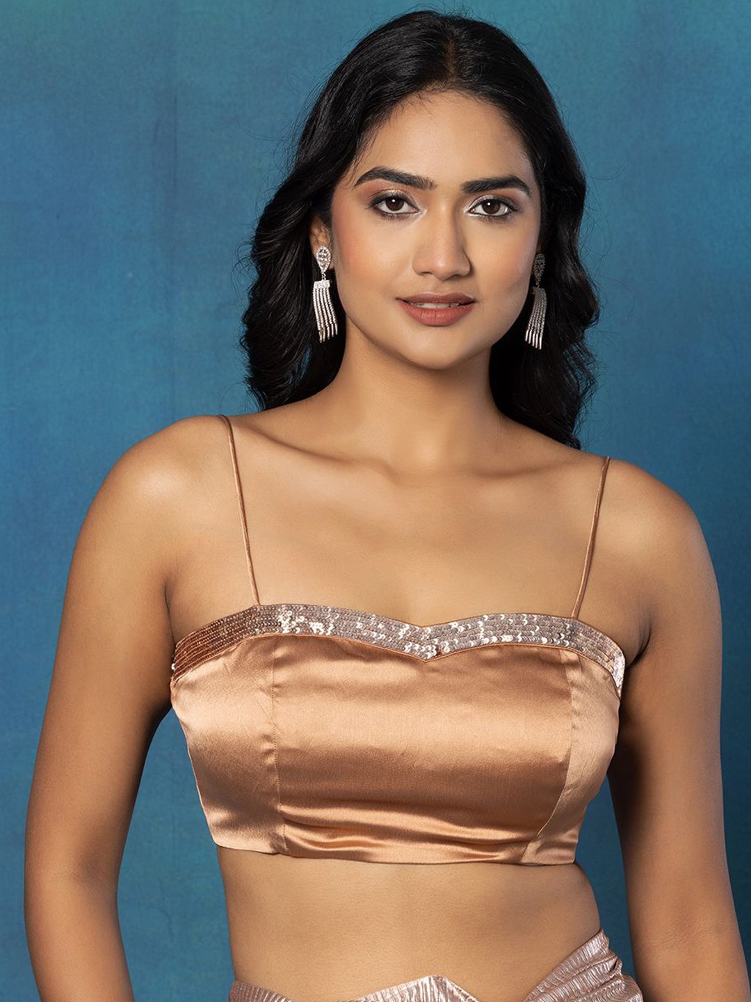 

Rang by Indya Sequin Embroidered Saree Blouse, Brown