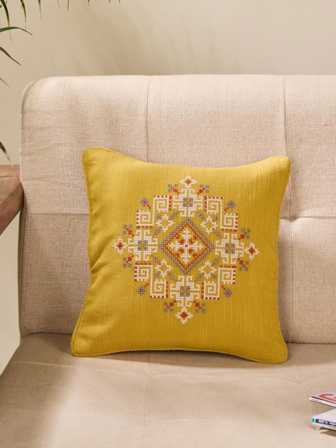 

Fabindia Yellow & White Geometric Square Cushion Covers