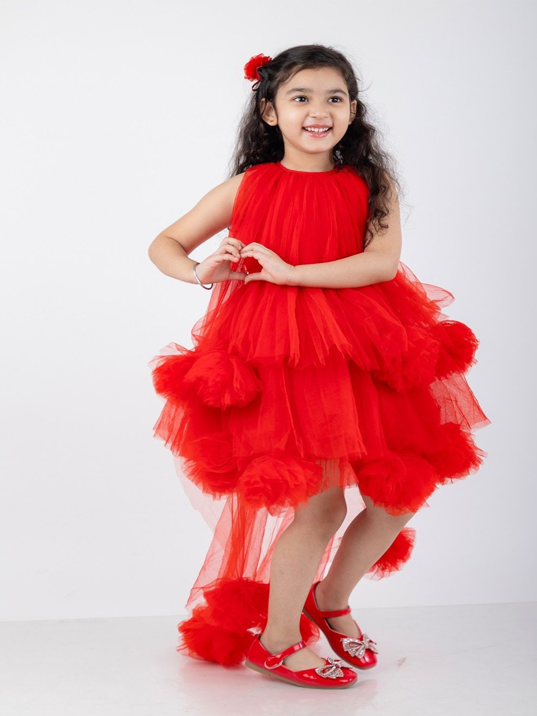 

THE LITTLE CELEBS Girls Net Layered A-Line Midi Dress, Red