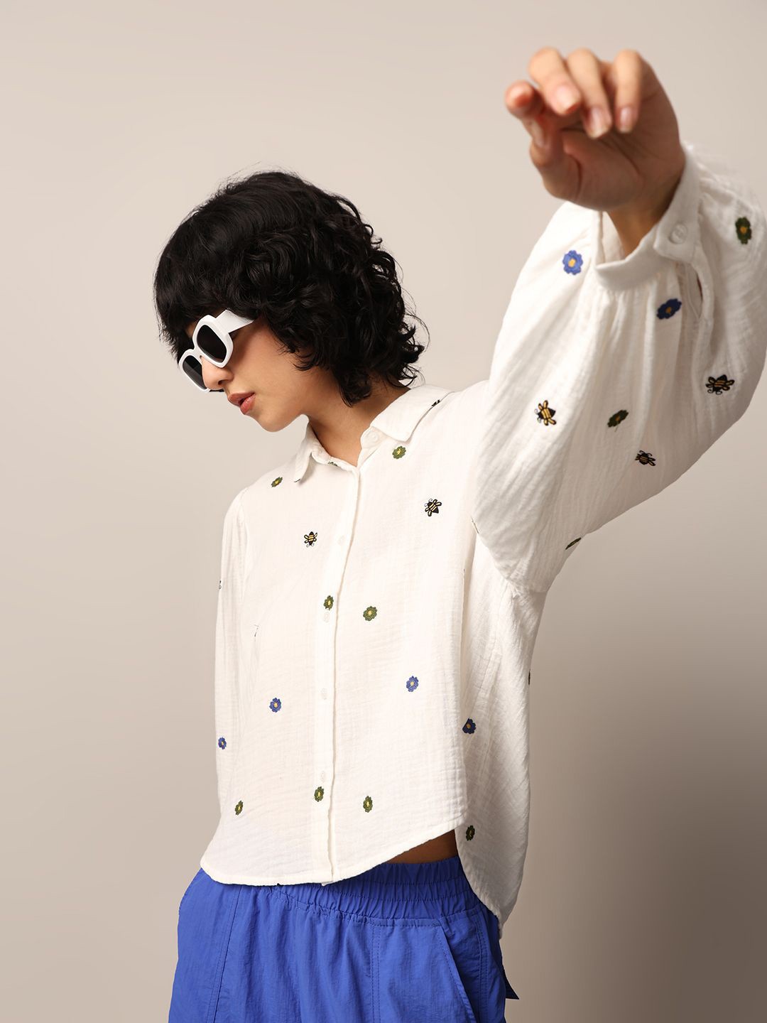 

ONLY Women Conversational Printed Spread Collar Pure Cotton Casual Shirt, White