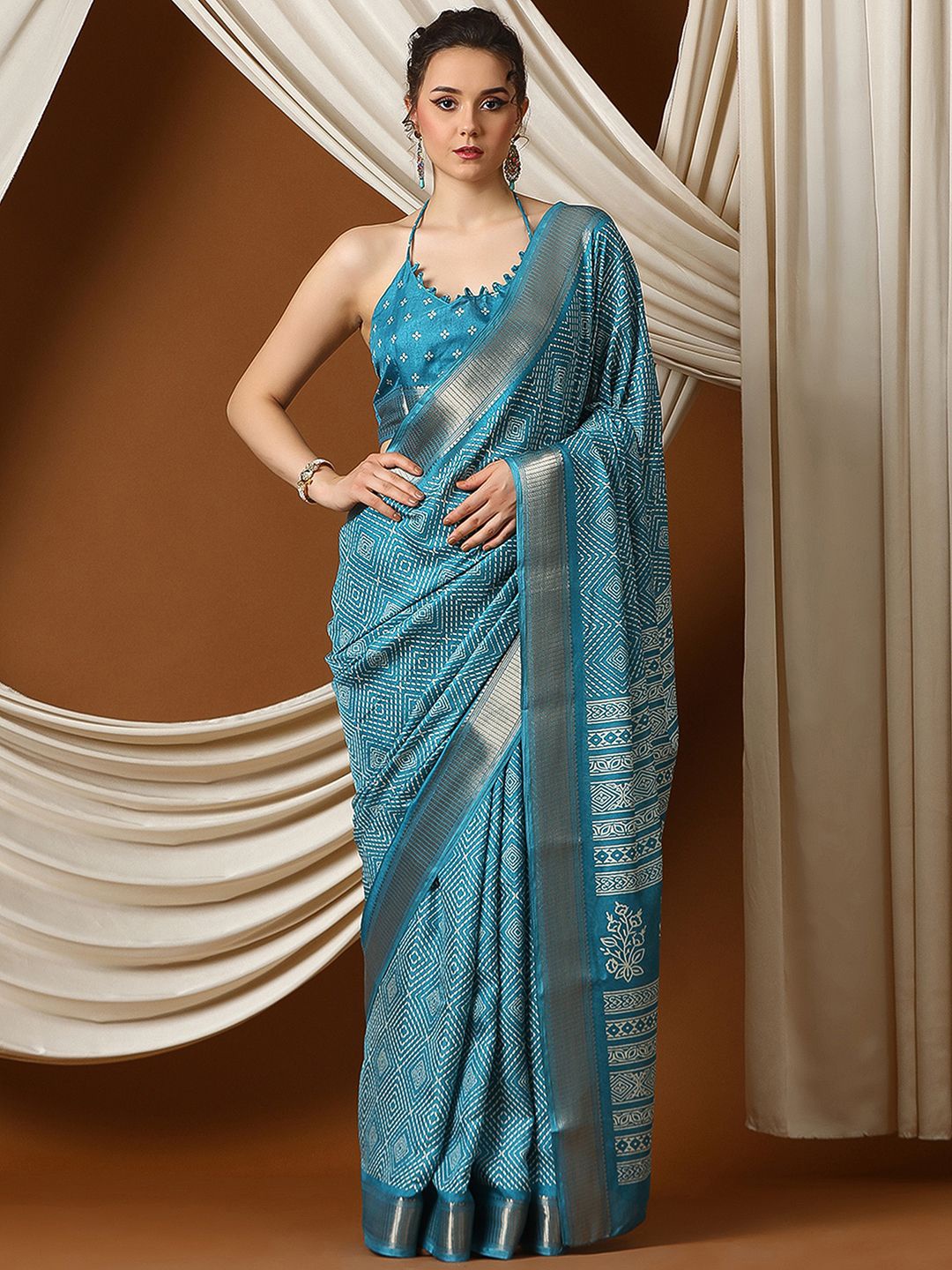 

KALINI Zari Silk Blend Sungudi Saree, Blue