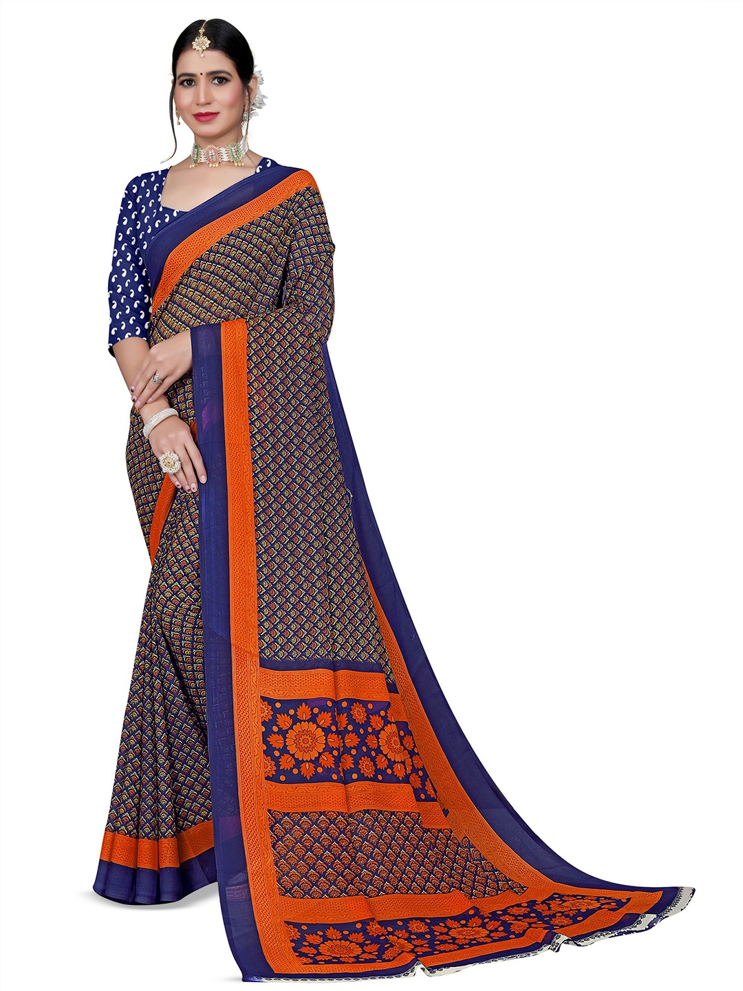 

RUNAYA NX Floral Pure Georgette Saree, Blue
