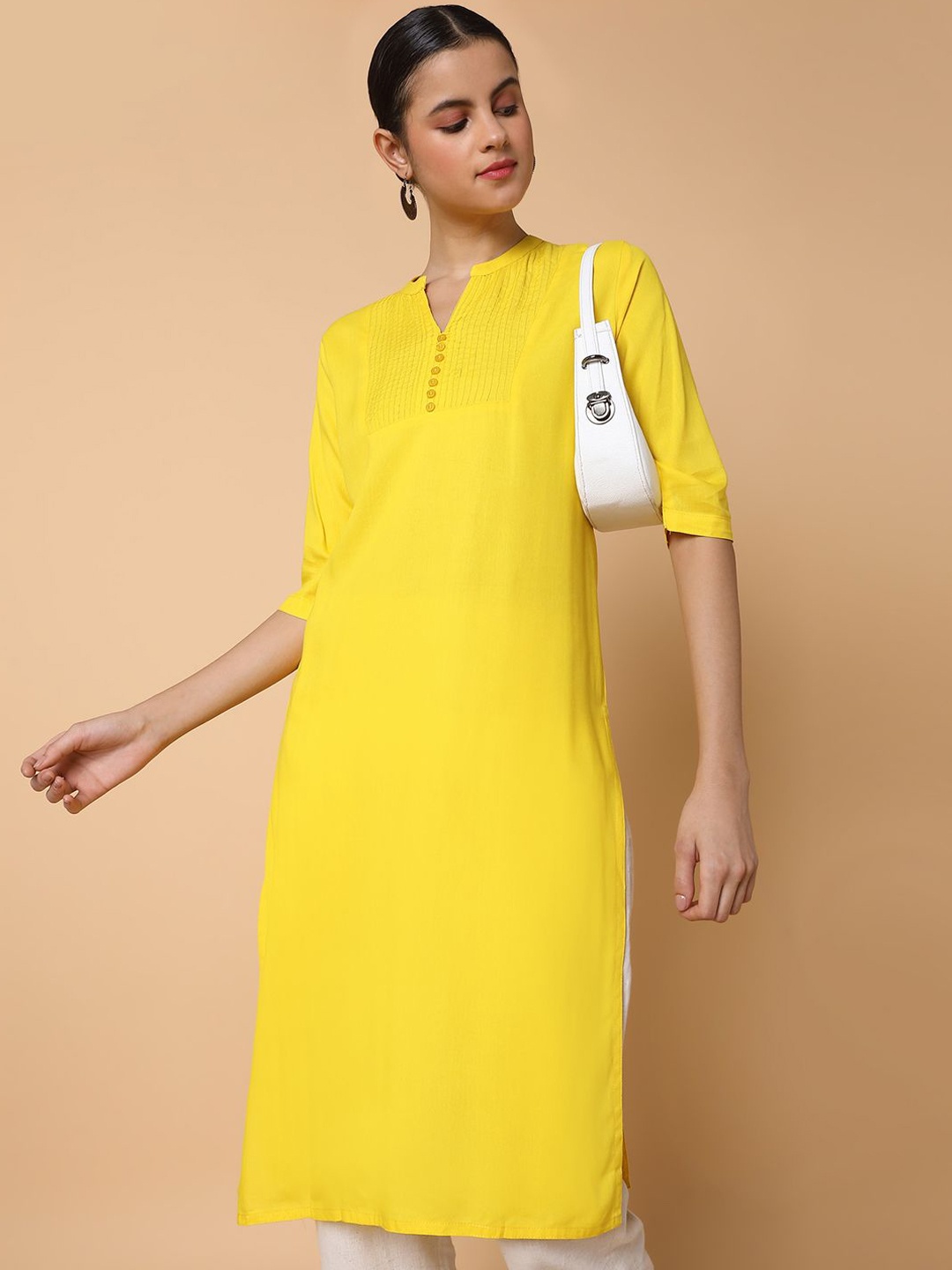 

SHOWOFF Mandarin Collar Straight Kurta, Yellow