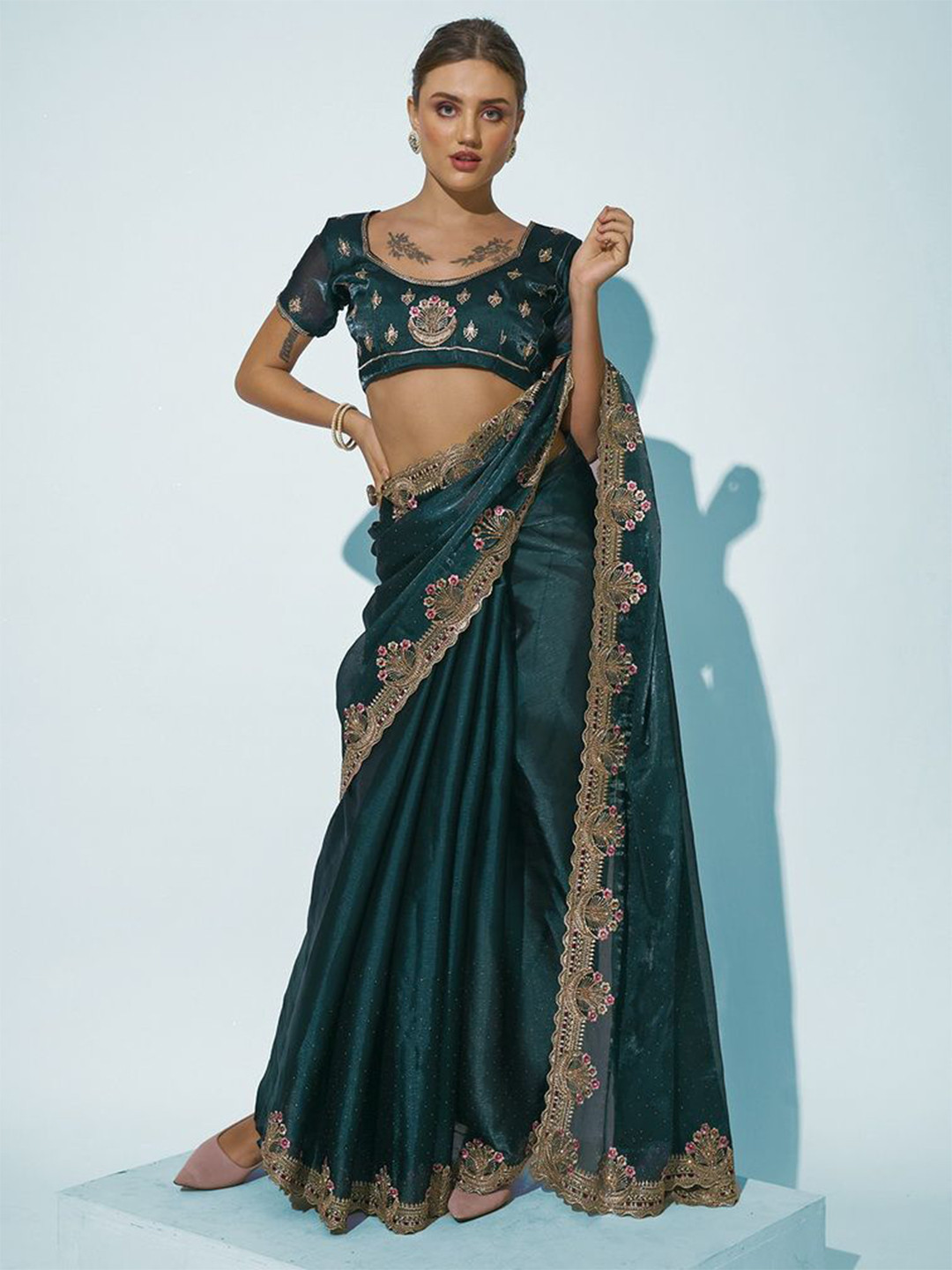 

Kalista Embellished Organza Saree, Teal