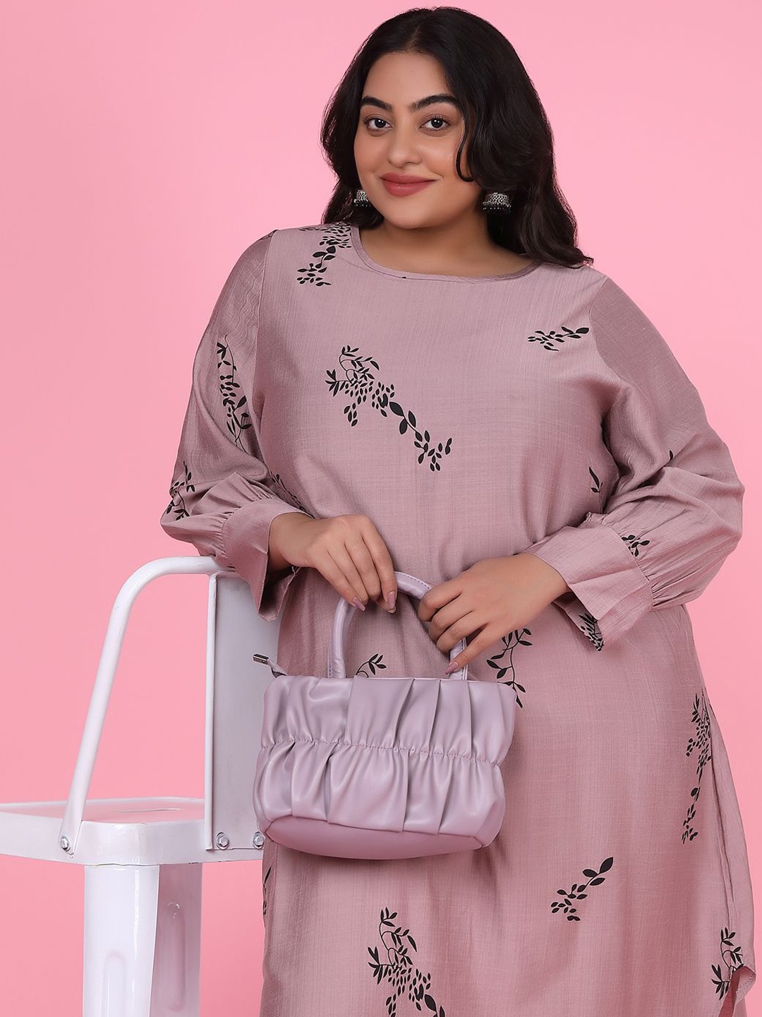 

SHOWOFF Plus Size Floral Printed Boat Neck Puff Sleeves Cotton A-Line Kurta, Lavender