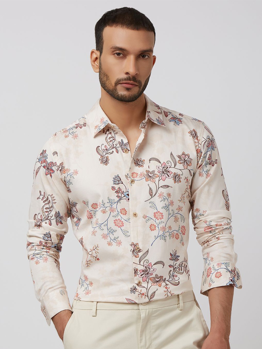 

Mufti Men Spread Collar Cotton Slim Fit Casual Shirt, Beige