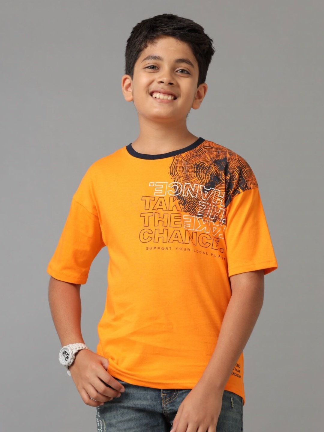 

UNDER FOURTEEN ONLY Boys Typography Printed Round Neck Cotton T-shirt, Orange