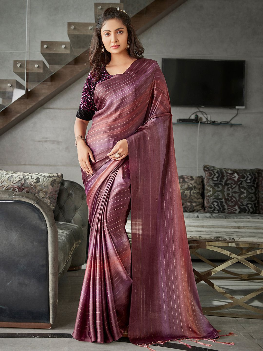 

KALINI Striped Sequinned Saree, Magenta