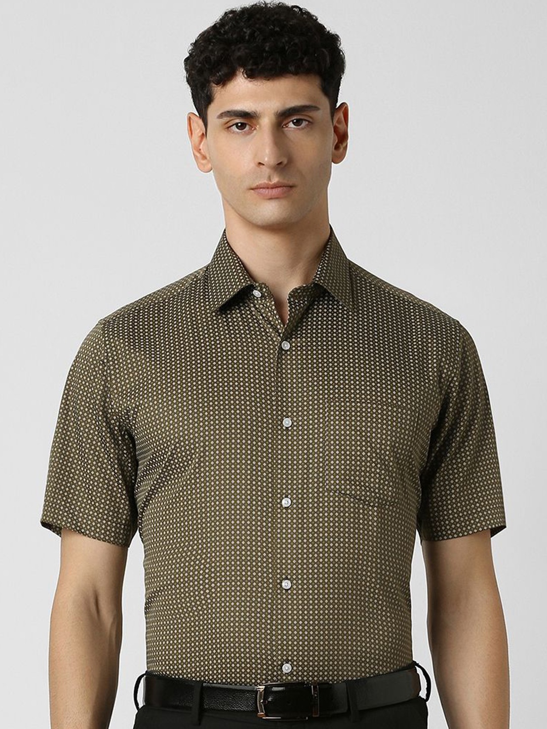 

Van Heusen Men Spread Collar Micro Ditsy Printed Cotton Formal Shirt, Olive