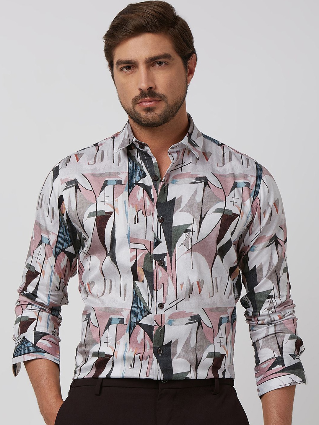 

Mufti Men Spread Collar Abstract Printed Cotton Slim Fit Casual Shirt, Pink