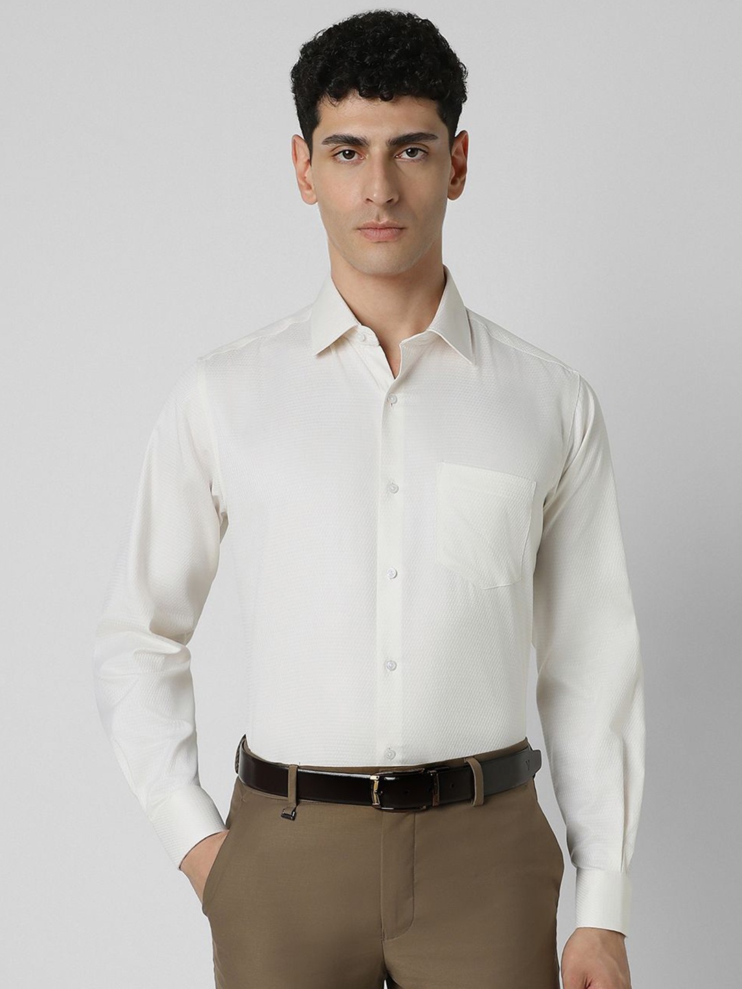 

Van Heusen Men Spread Collar Textured Printed Cotton Party Shirt, Cream