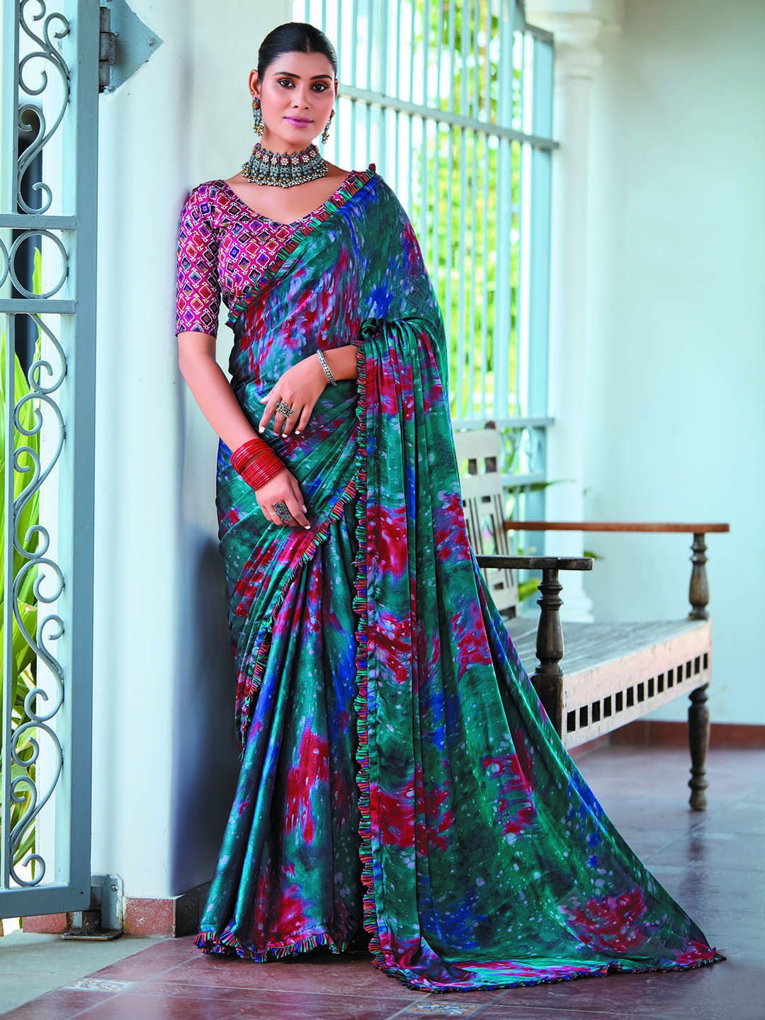 

Mitera Abstract Satin Saree, Teal