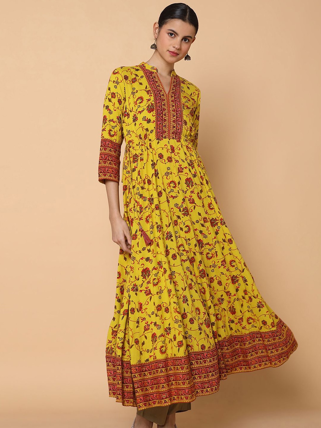 

SHOWOFF Floral Printed Round Neck Sequinned Cotton Anarkali Kurta, Mustard