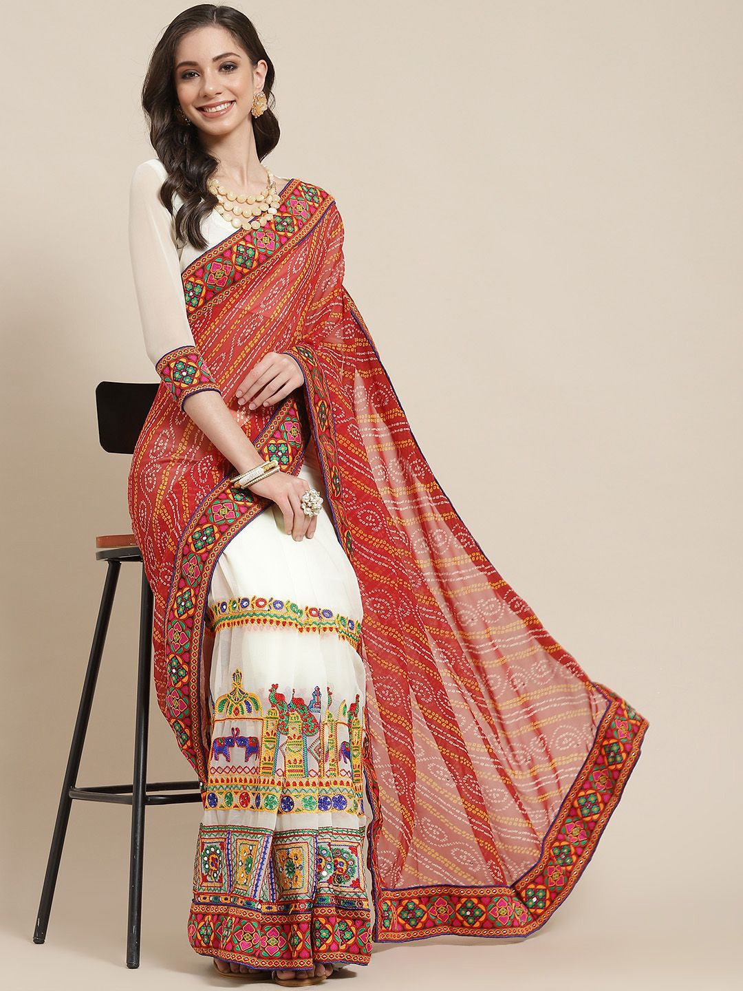 

KALINI Kutchi Embroidery Pure Georgette Half and Half Bandhani Saree, Red