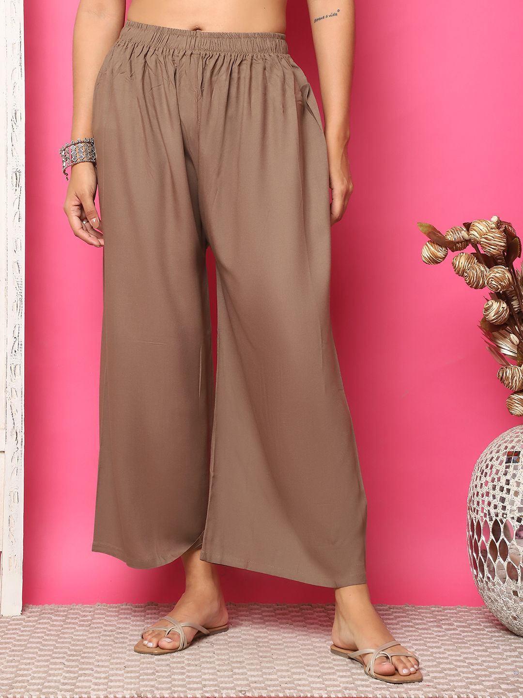 

TAG 7 Women Flared Ethnic Palazzos, Coffee brown