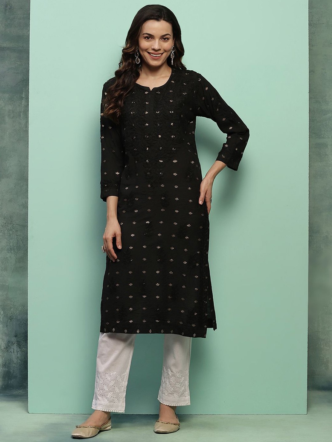 

House of Chikankari Chikankari Woven Kurta, Black