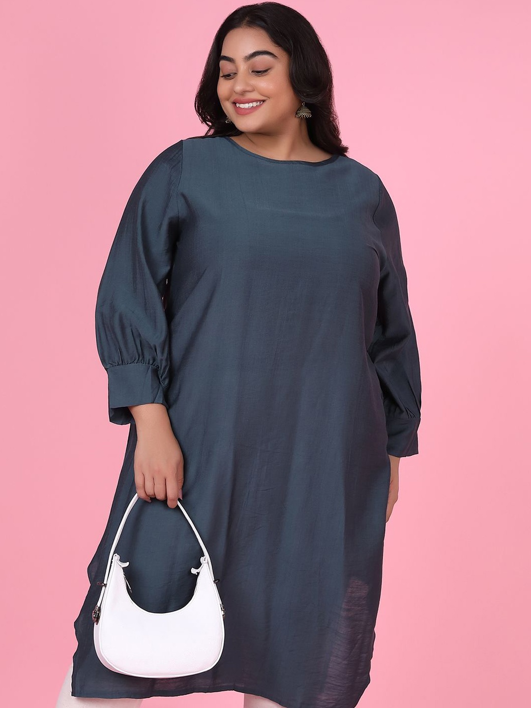 

SHOWOFF Plus Size Round Neck Straight Kurta, Teal