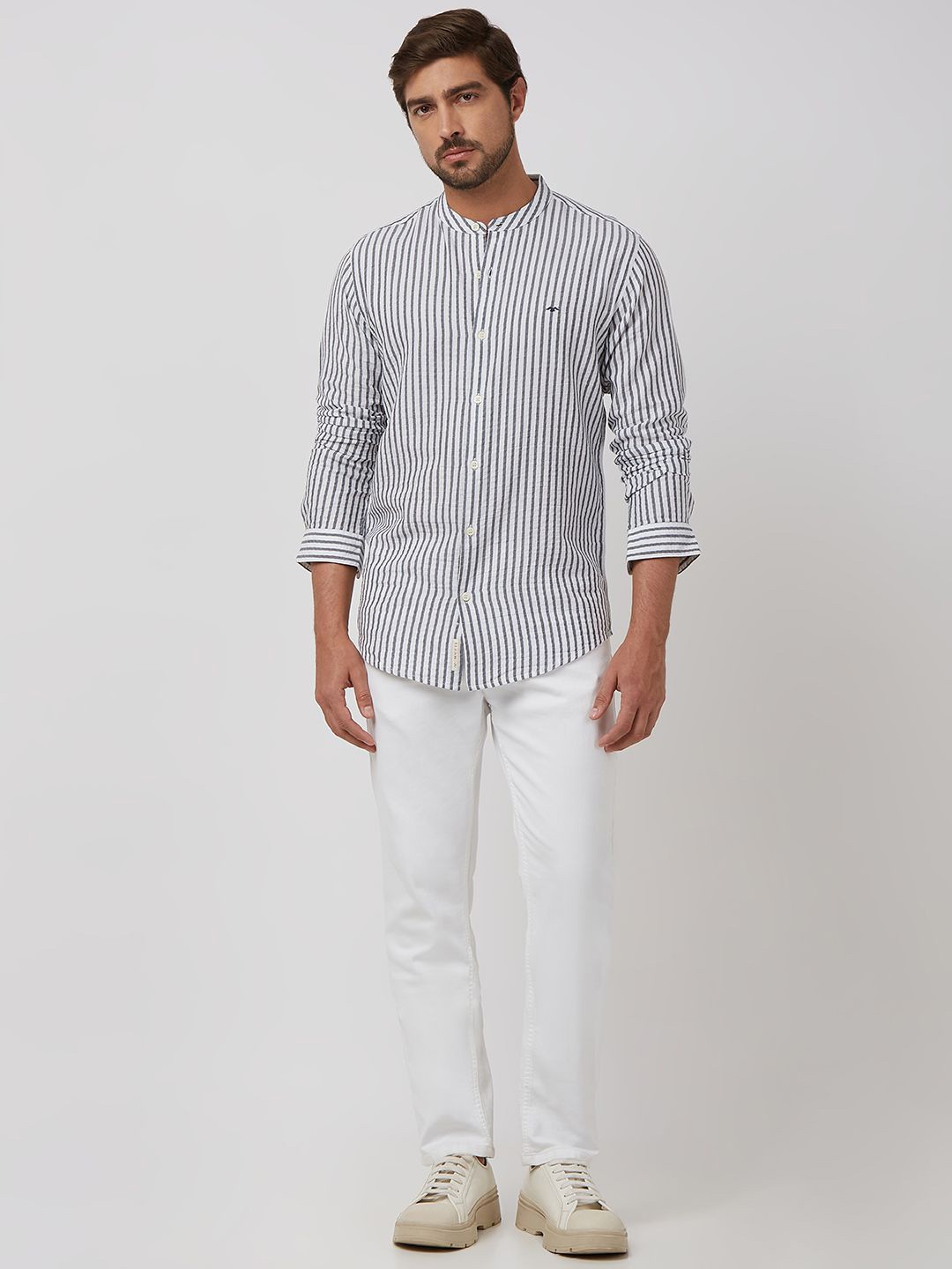 

Mufti Men Band Collar Cotton Slim Fit Casual Shirt, White