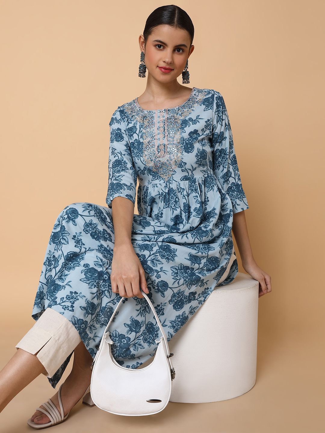 

SHOWOFF Floral Printed Round Neck Sequinned Cotton Anarkali Kurta, Blue