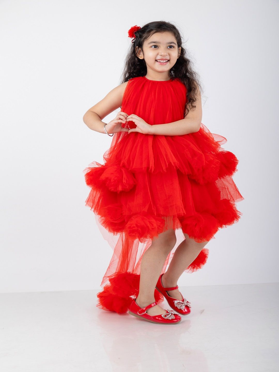 

THE LITTLE CELEBS Girls Net Fit and Flare Midi Dress, Red