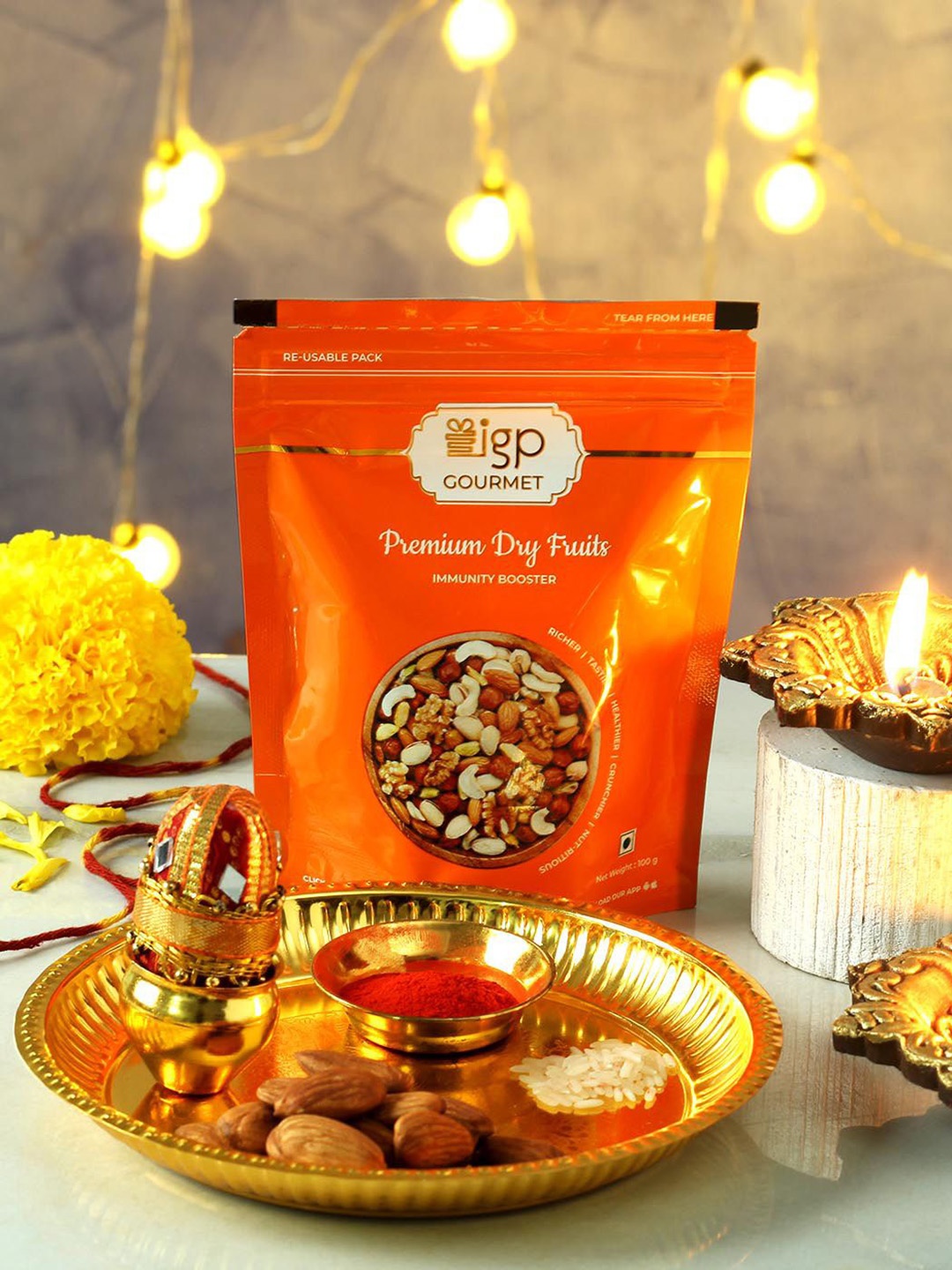 

IGP Gold Plated Puja Thali With Clay Diya, Orange