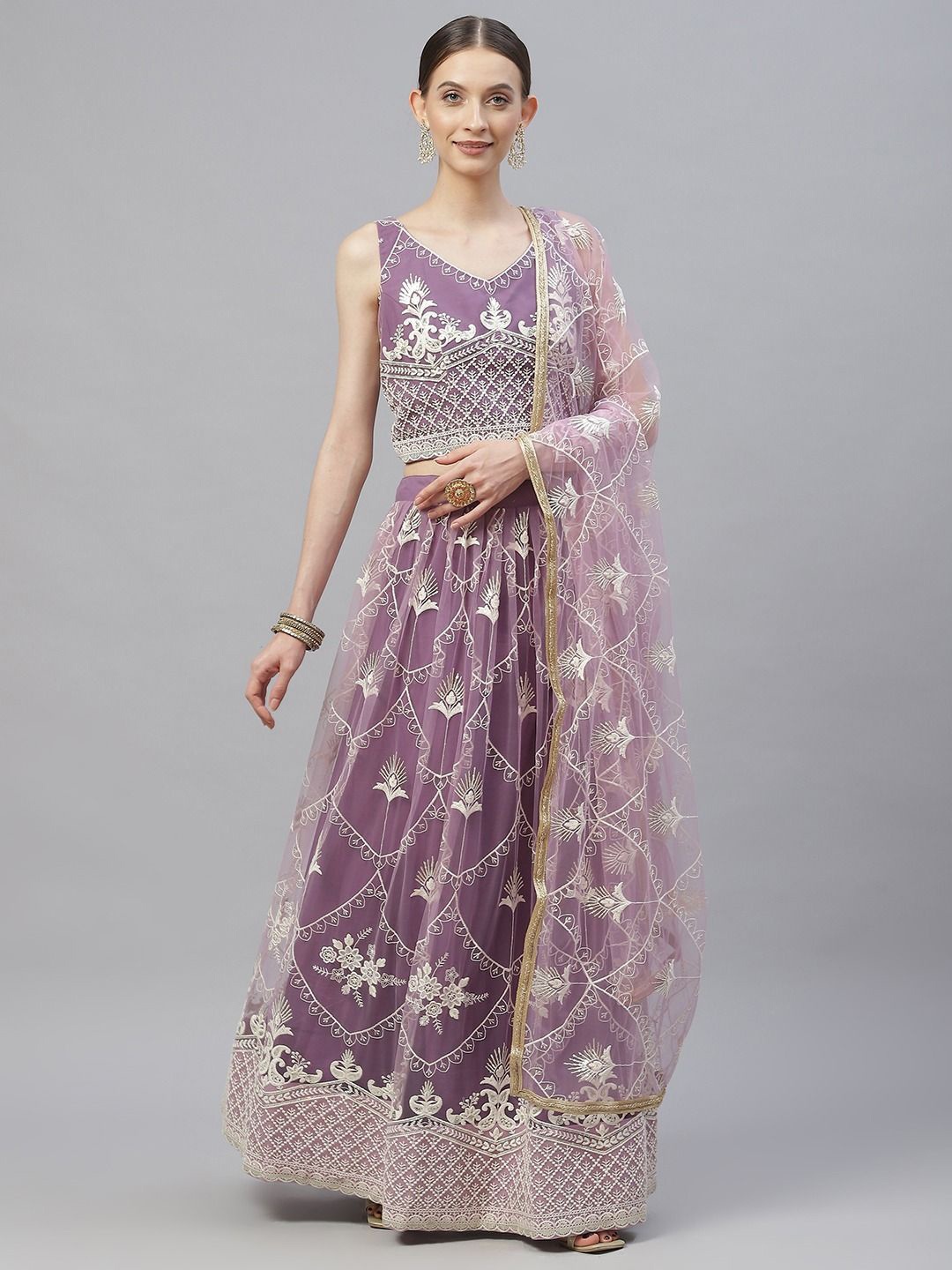 

FABPIXEL Embroidered Sequinned Semi-Stitched Lehenga & Unstitched Blouse With Dupatta, Purple