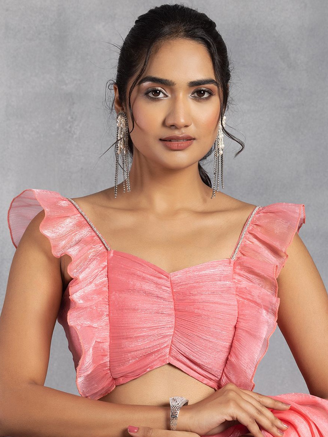 

Rang by Indya Embellished Ruched Shimmer Saree Blouse, Pink